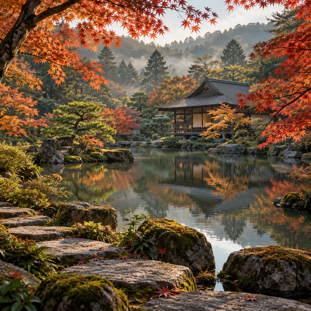 Generiertes Herbstmotiv eines japanischen Gartens mit Ahornlaub, einem Teich und einem hölzernen Pavillon.